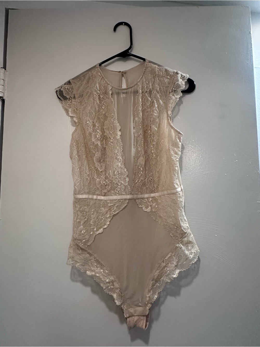 Lace Trim Sheer Bodysuit - Cream